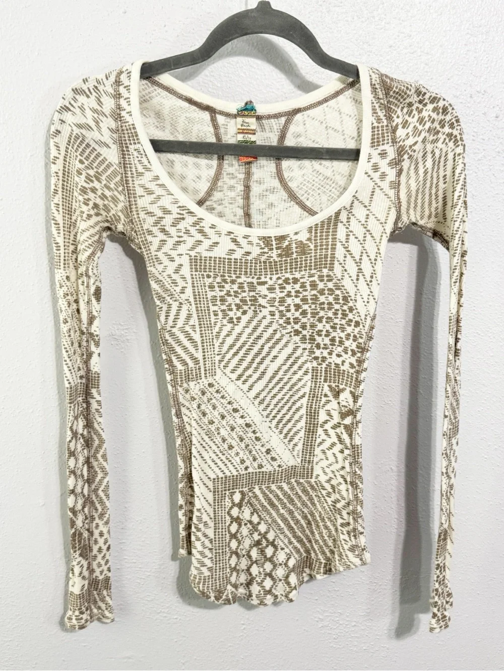 Free People Cream & Tan Geometric Scoop Neck Long Sleeve Top